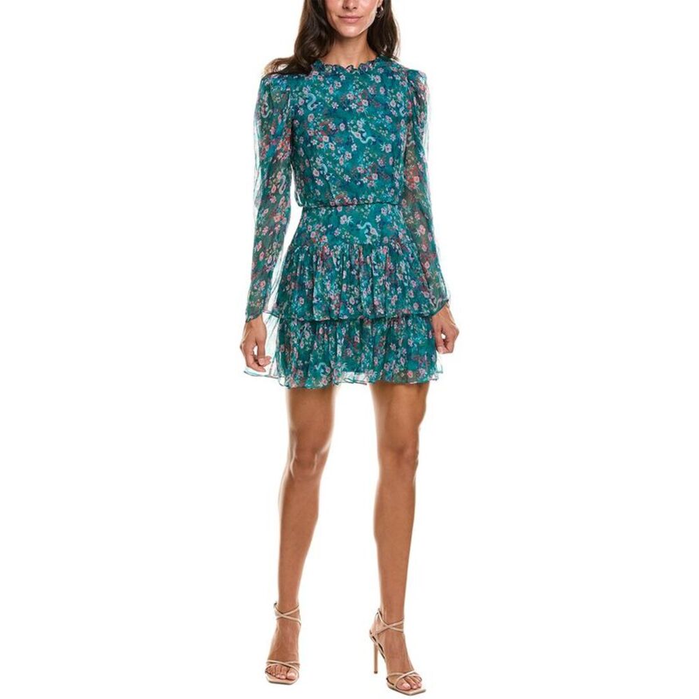 Saloni Womens  Ava Crinkle Silk Chiffon Mini Dress, Blue